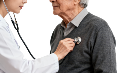 Side view of healthcare professional auscultating older adult patients heart with stethoscope in a clean clinical setting.