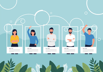 Employee profile and team introduction illustration featuring staff cards diverse workforce presentation and modern human resources concept