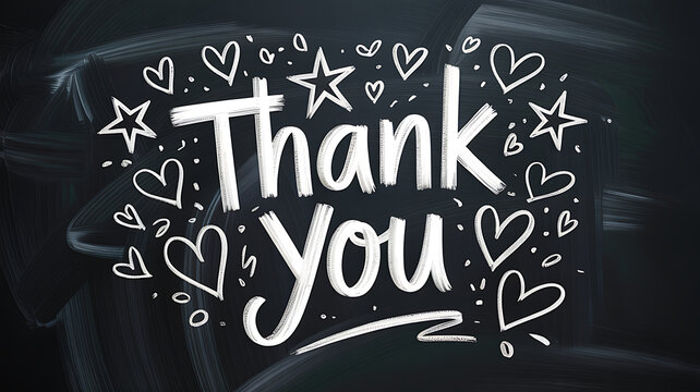 Chalkboard lettering of thank you with hearts and stars on transparent background