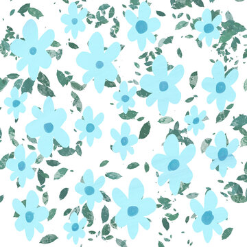 Seamless hand drawn blue floral pattern with scattered flowers and green leaves on white background. Modern botanical illustration for wallpaper, fabric, textile, wrapping paper spring summer desin ..