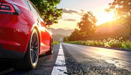 Red car parked on roadside at sunset, scenic highway winding through distant mountains with sunburst filter