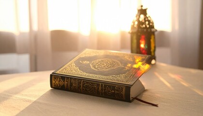 Ornate book sits on white fabric with an ornamental lamp in the background, bathed in soft, warm light