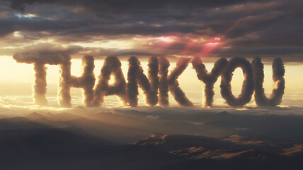 Dramatic thank you lettering formed from clouds on transparent background