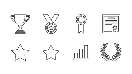 Collection of achievement icons including trophy, medal, ribbon, certificate, stars, graph, and laurel wreath