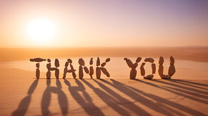 The word thank you spelled with stones at sunset on transparent background