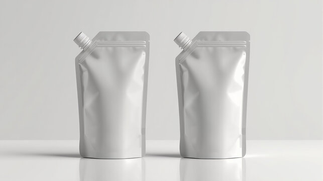 Two blank matte white stand-up pouches with spout and cap mockup on light grey background for liquid packaging design