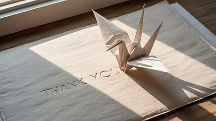 Origami crane on a thank you card soft lighting on transparent background