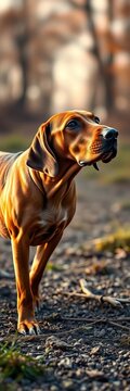 Focused Redbone Coonhound on alert, outdoor scent tracking,  tracking,  pet