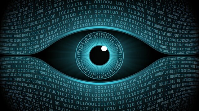 Glowing blue eye with binary code background surveillance concept - Powered by Adobe