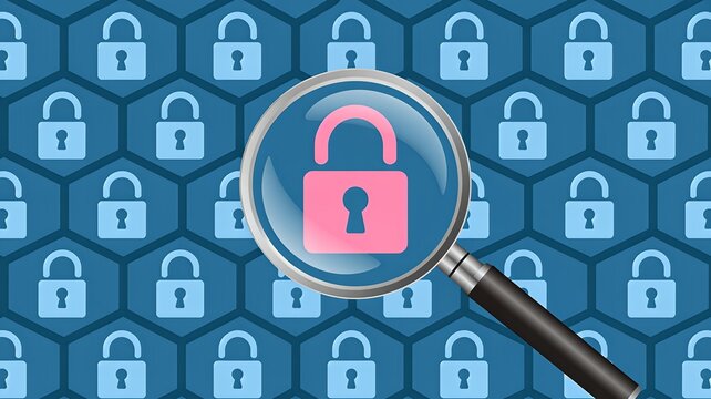 Magnifying glass examines secure padlock on blue hexagonal pattern - Powered by Adobe