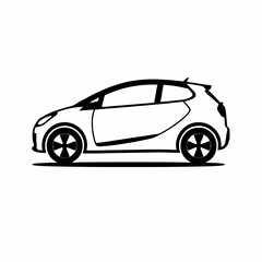Obraz premium Black and white outline drawing of a small compact car, viewed from the side, with two doors and a hatchback design.