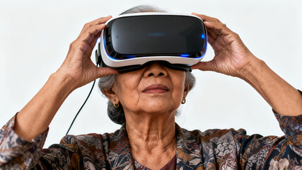 Senior Asian woman wearing virtual reality (VR) headset and experiencing digital technology.