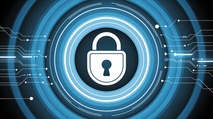 Secure digital shield with padlock icon on blue circuit background