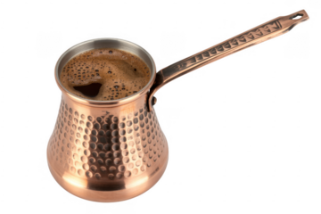 Copper coffee pot with foamy coffee kitchen cooking isolated on a transparent background