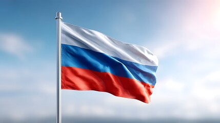 A detailed view of the Russian flag with its iconic white blue and red horizontal bands is shown waving dynamically on a flagpole under a clear sky with soft clouds and bright sunlight