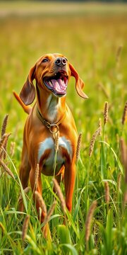 Happy Redbone Coonhound in a field of tall grass, energetic pose,  pet,  hound