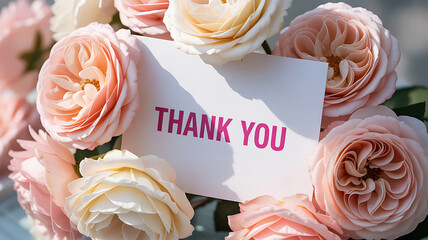 Pink roses surrounding a thank you card on transparent background