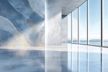 Spacious empty room with polished concrete flooring, textured feature wall, and large windows bringing natural light and a sea view