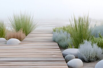 Wooden pathway winding through a peaceful beach scene, featuring lush sea grass, smooth pebbles, and a calming misty ambiance