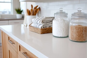 Kitchen counter with pantry jars, striped towels in a basket, and wooden utensils, illustrating functional home design