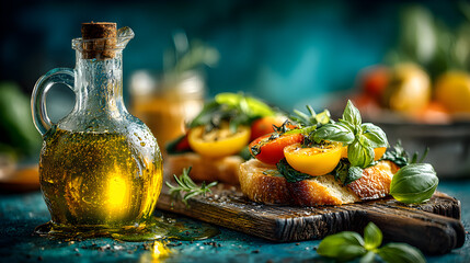 Olive Oil Bottle with Fresh Vegetable Salad.