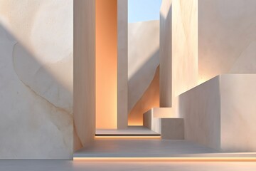 Abstract architectural design with geometric shapes and minimalist illuminated wall for modern aesthetic background
