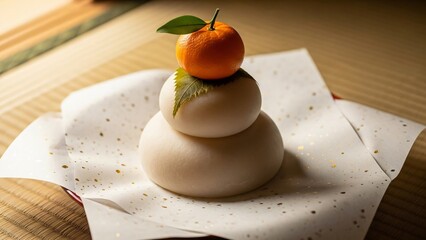 Delicate mochi stack with orange garnish