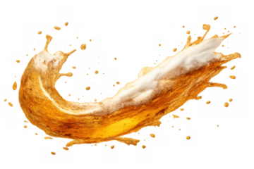 Golden amber beer splash with white foam burst creating dynamic liquid droplets, transparent background