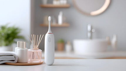 This image showcases a modern white electric toothbrush alongside a reed diffuser toiletries and a rolled towel on a bathroom countertop suggesting personal hygiene and wellness