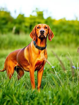 Loyal Redbone Coonhound outdoors, classic hound pose,  nature,  loyalty