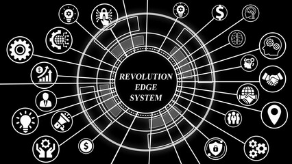 Obraz premium Centralized System Diagram with Business and Technology Icons Radiating Outward on Dark Background