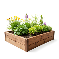 Vibrant raised garden bed with colorful flowers, nature's beauty