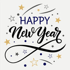 Happy New Year Calligraphy with Stars and Confetti