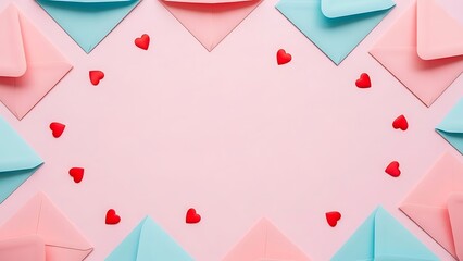 Pastel envelopes and red hearts on pink background