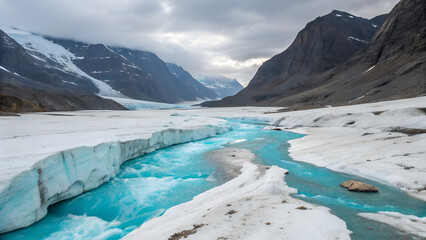 A glacial valley with turquoise meltwater streams cutting through ice