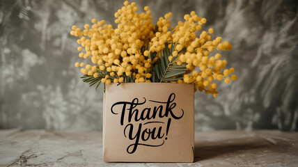 Yellow mimosa flowers in a pot with thank you message on transparent background