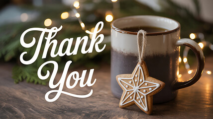 A cozy thank you message with coffee and a star cookie on transparent background