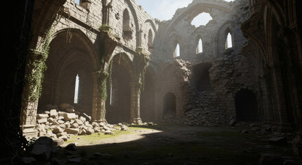 Interior ruins of a weathered, gothic structure, with arched windows and light filtering through, stones piled on the ground
