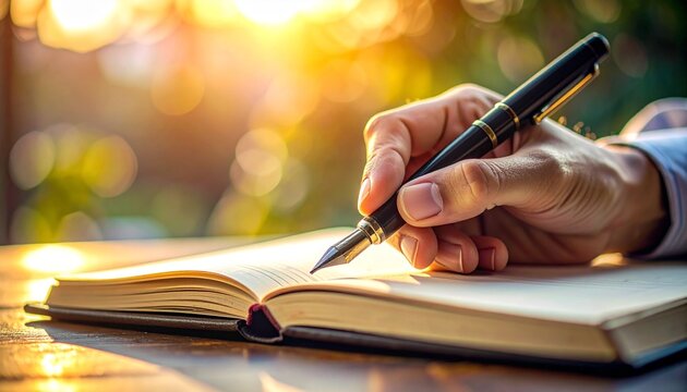 Close-up of a hand writing in a notebook with a fountain pen at sunset.