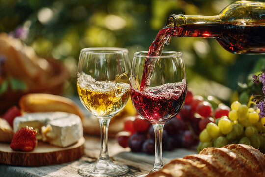Pouring wine into glasses with cheese and grapes - Powered by Adobe