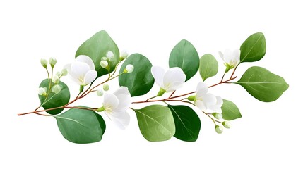 Illustrative watercolor of a delicate branch featuring small white flowers buds and fresh green eucalyptus style leaves isolated on a clean white background