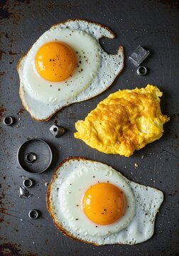 Abstract breakfast concept featuring golden cooked eggs mixed with cold, textured steel plates and small metallic components on a rough surface ,yellow ,savory ,egg