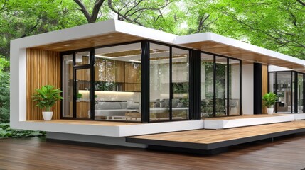 Modern Prefab House with Glass Facade.