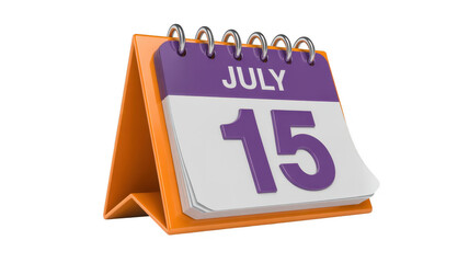 Desk calendar on July 15 purple and white orange stand isolated on a transparent background