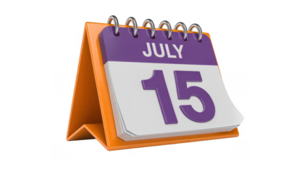 Desk calendar on July 15 purple and white orange stand isolated on a transparent background