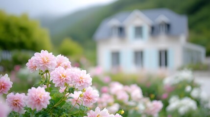 A serene garden bursting with delicate pink blooms in the foreground with a quaint house and rolling green hills forming a beautiful tranquil backdrop