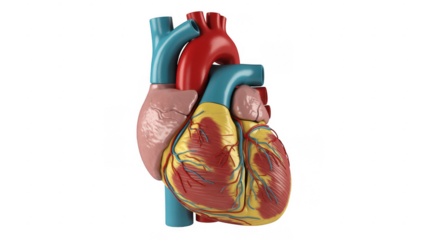 Detailed human heart model with vessels anatomy cardiovascular system isolated on a transparent background