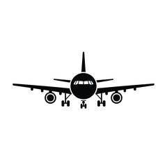 A simple black silhouette of a passenger airplane facing forward