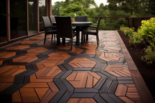 Modern deck featuring geometric interlocking wood and composite hexagonal flooring on an outdoor patio space