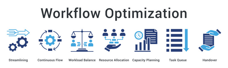 Fototapeta premium Workflow Optimization banner web icon streamlines continuous flow balancing workload through resource allocation and capacity planning.